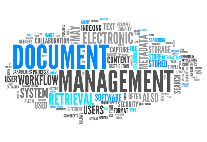 imaging word cloud, the largest words include document, management, electronic, retrieval.