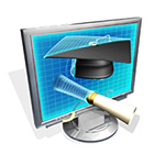 image of a computer screen with a scroll and grad cap