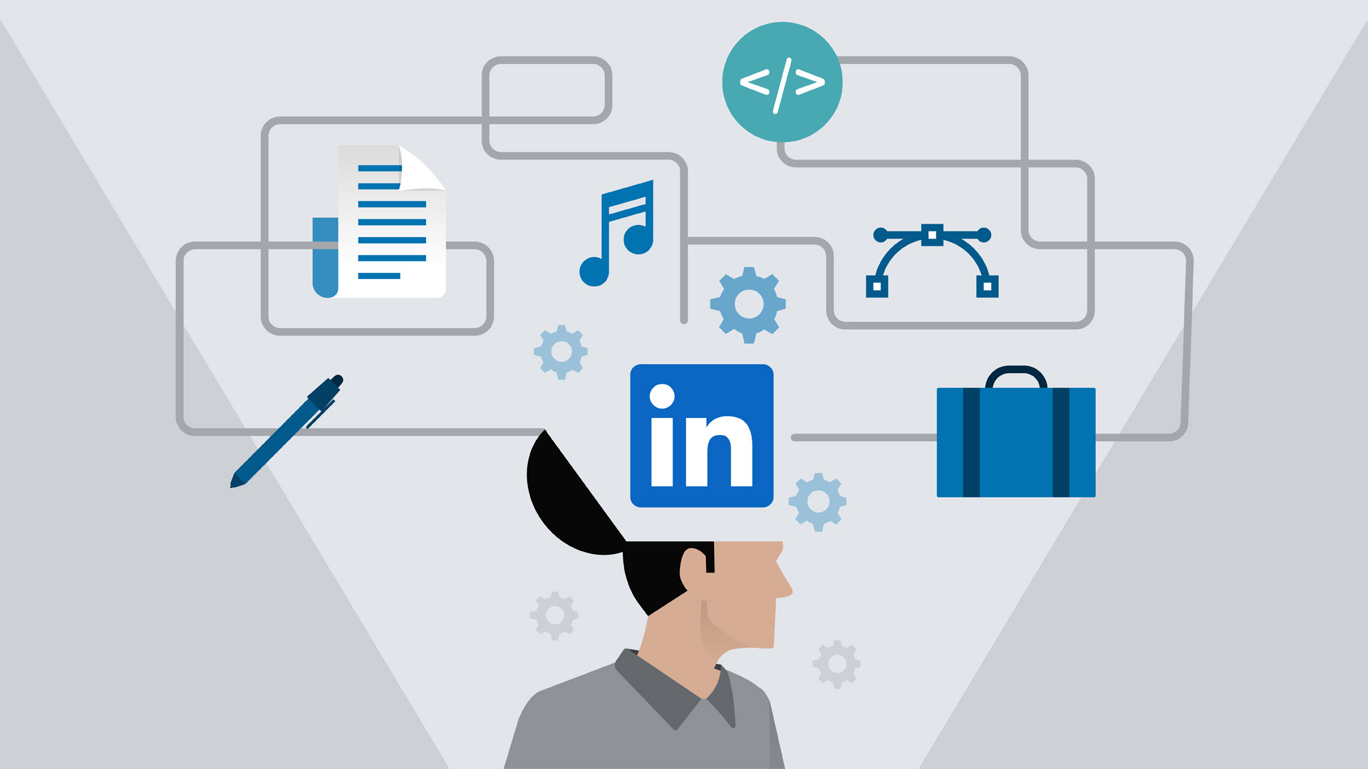 Illustration of a man with his head opening to gears, documents, and other icons that represent linkedin learning concepts.