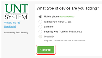 Select device type, then select continue