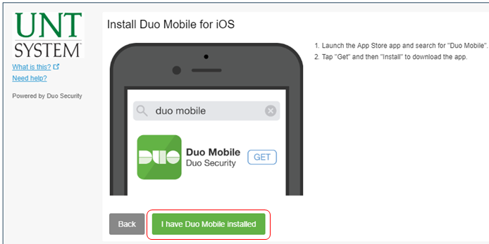 Select I have Duo Mobile installed