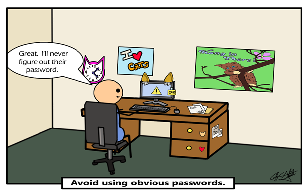 Comic of a man surrounded with cat collectibles with his password of cat taped to his desktop monitor,
