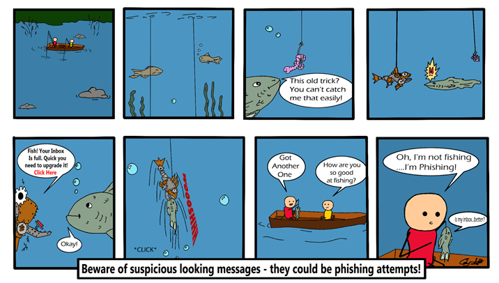 Comic of a man fishing in a boat, confused by the term phishing.