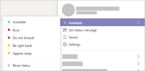 Screenshot of away status options in Microsoft Teams.
