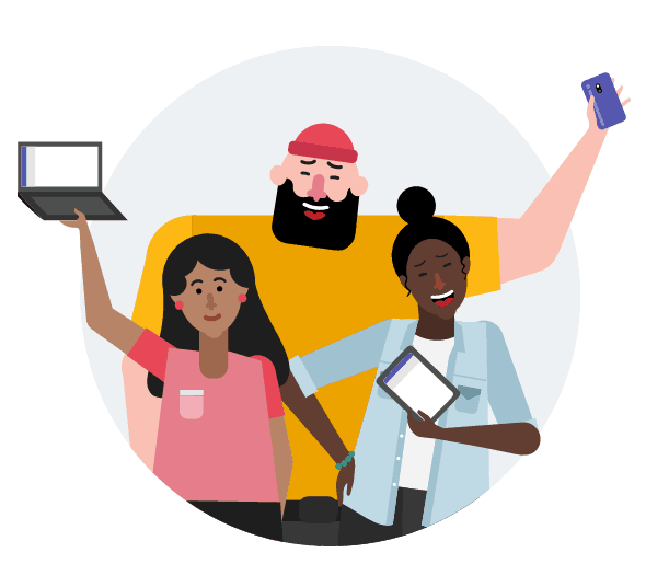 Illustration of three people holding different types of mobile devices.