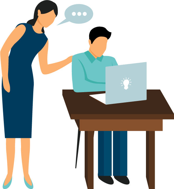 Illustration of a woman teaching a man a class on his laptop